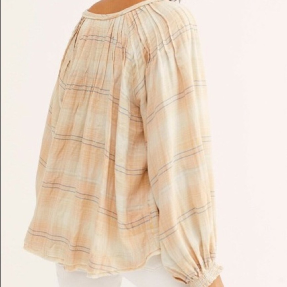 Free People We the Free White/Yellow Boho The Cloudbreaker Plaids Lace Blouse - Picture 2 of 11